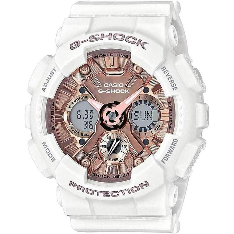 Reloj Casio G-Shock Blanco y Oro Rosa - Resistente al Agua y Golpes, Ideal para Mujer, Modelo GMS-S120MF-7A2CR