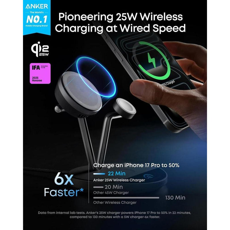 Anker Prime MagSafe: Estación de carga inalámbrica 3 en 1, certificada Qi2 para iPhone y Apple Watch con pantalla inteligente