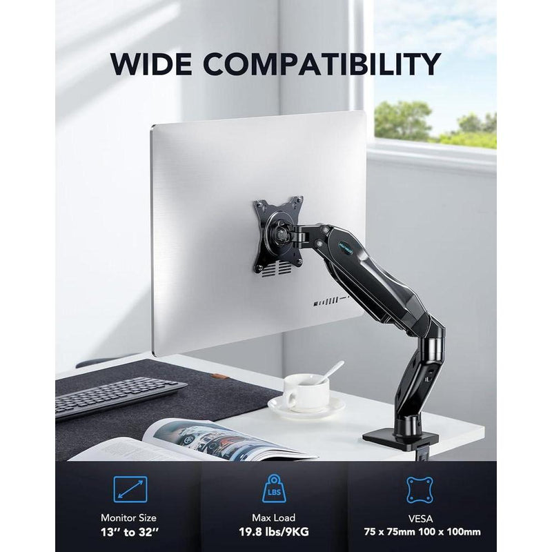 HUANUO Soporte para monitor individual, brazo ajustable para monitores 13 a 32, compatible con VESA, base de abrazadera y ojal