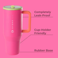 HydroJug Traveler - Vaso moderno con asa y pajilla abatible, resistente a fugas y reutilizable de acero inoxidable con base de goma