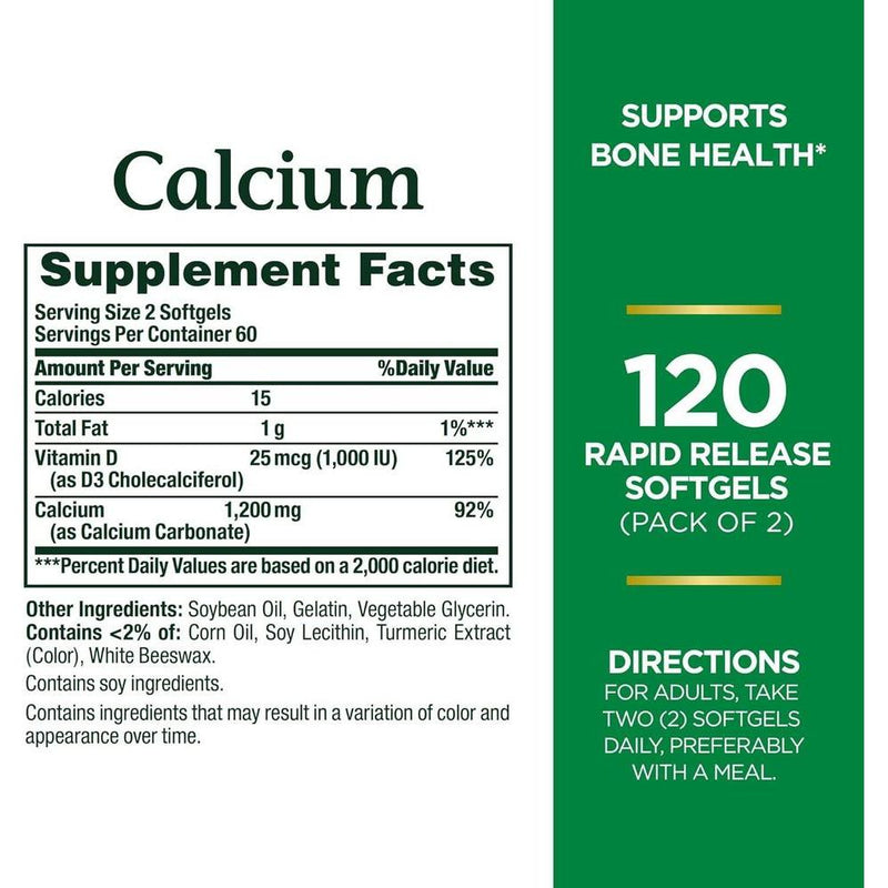 Nature's Bounty Calcio con Vitamina D3 para Salud Ósea, Suplemento de Calcio y Vitamina D, 120 Cápsulas Blandas (2 Paquetes)