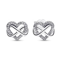 Aretes de tuerca Pandora corazón infinito brillante, plata de ley con circonita cúbica para mujer con caja de regalo