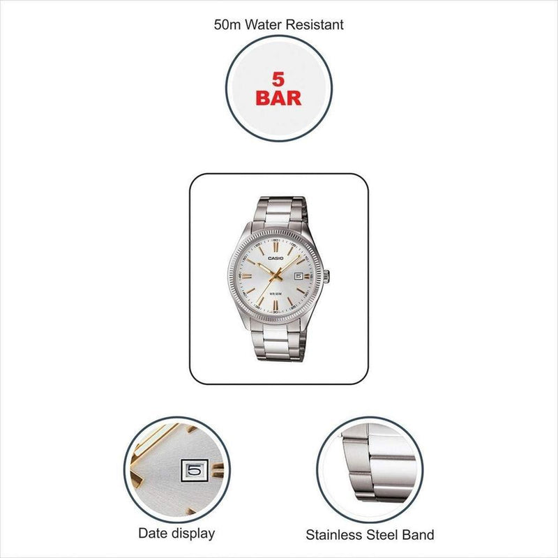 Reloj Casio para hombre MTP-1302D-7A2VDF, analógico con caja y correa de acero inoxidable, resistente al agua