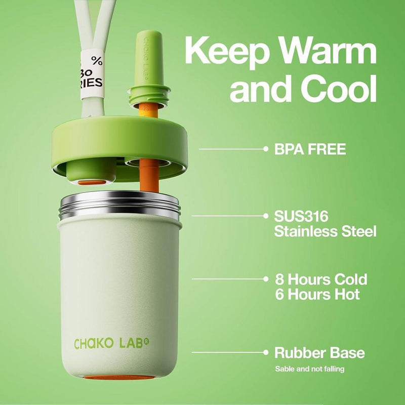 Botella de agua para niños de acero inoxidable, correa y tapa botón, diseño portátil y seguro para viajes, verde matcha