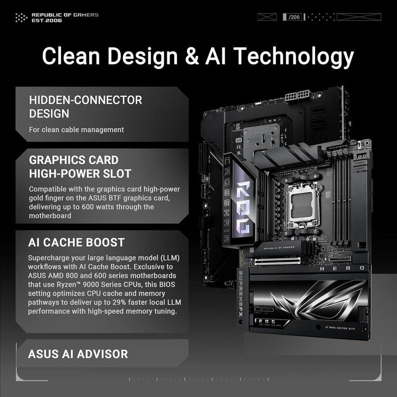 Placa base ROG Crosshair X870E Hero BTF AMD ATX, diseño conector oculto, ranura GPU alta potencia, DDR5, WiFi 7, PCIe 5.0, USB4