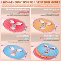 Máscara facial LED con terapia de luz roja, 4 modos, control remoto recargable, luz azul, naranja, infrarroja y roja