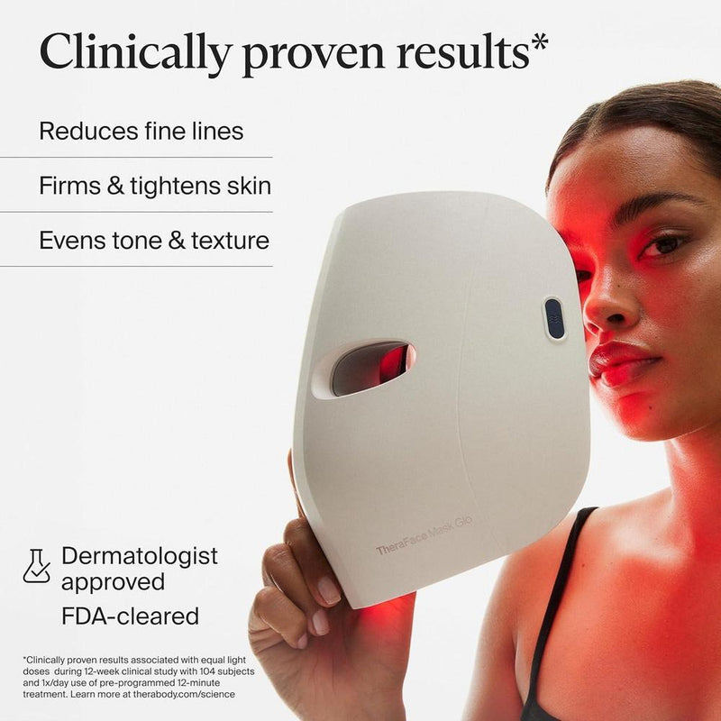 Therabody TheraFace Mask Glo, máscara LED inalámbrica para cuidado de la piel con luz roja, azul e infrarroja y masaje relajante