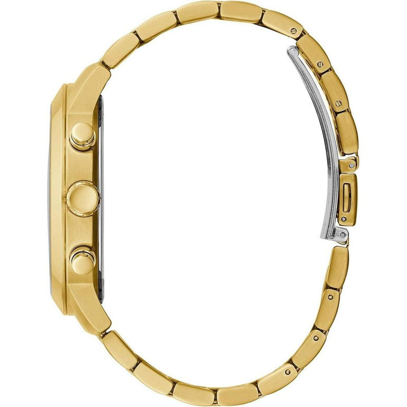 Reloj de pulsera multifunción GUESS para hombre, acero inoxidable dorado con detalles negros, pantalla analógica y calendario