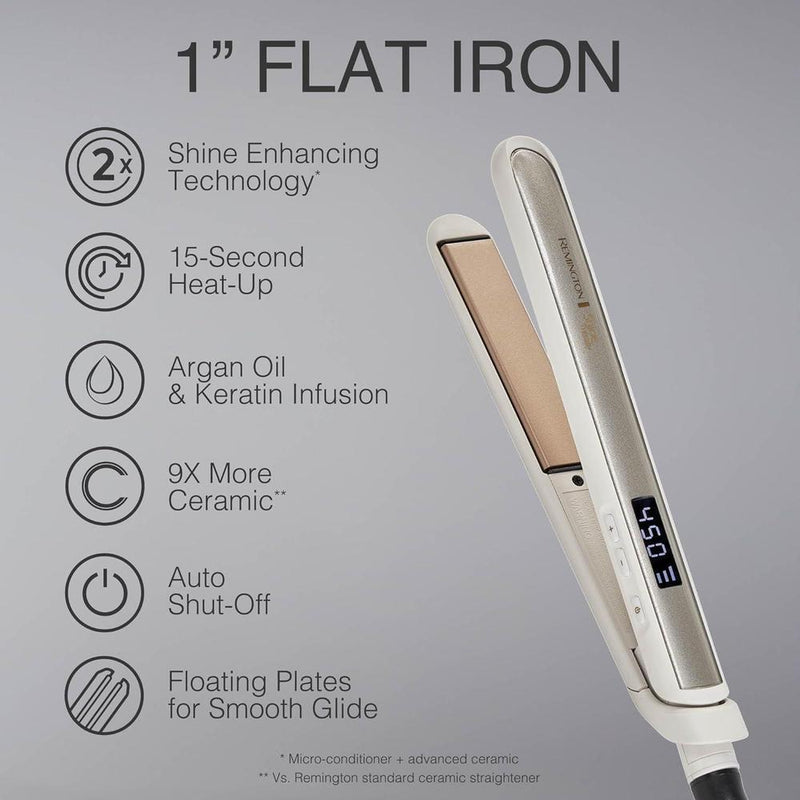 Plancha Remington Shine Therapy infundida con aceite de argán y queratina para un acabado profesional y sin encrespamientos