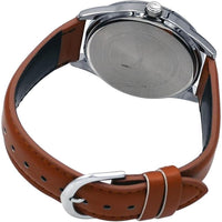 Reloj Casio para hombre analógico con esfera azul y banda de cuero marrón, movimiento de cuarzo japonés, resistente al agua