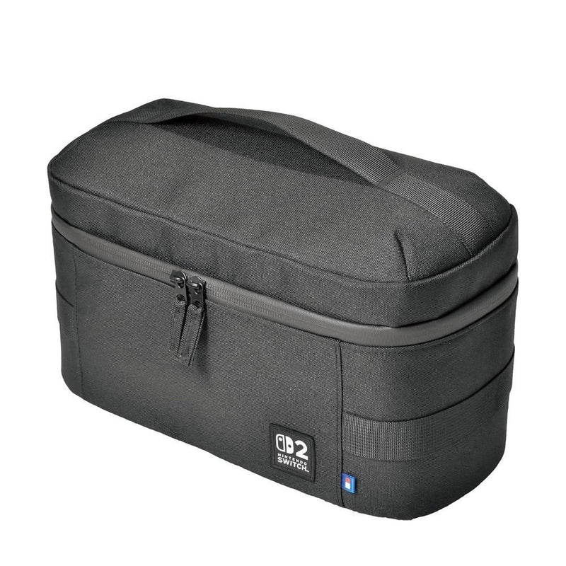 Bolsa de viaje HORI negra, equipada para transportar Nintendo Switch 2 y accesorios, con diseño elegante y robusto