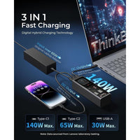 Banco de energía portátil Lenovo con 20,000 mAh, 3 puertos USB-C, cargador híbrido digital y pantalla TFT para viajes
