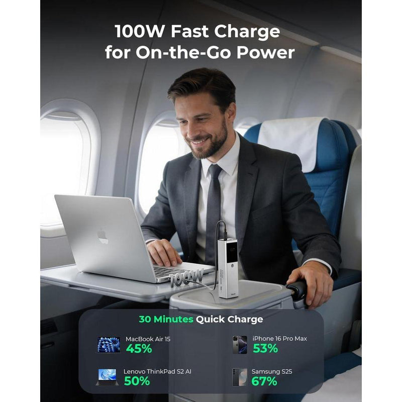 TALIX batería carga rápida 125W, 12800 mAh para laptops, cable retráctil USB-C, cargador PD para MacBook y más