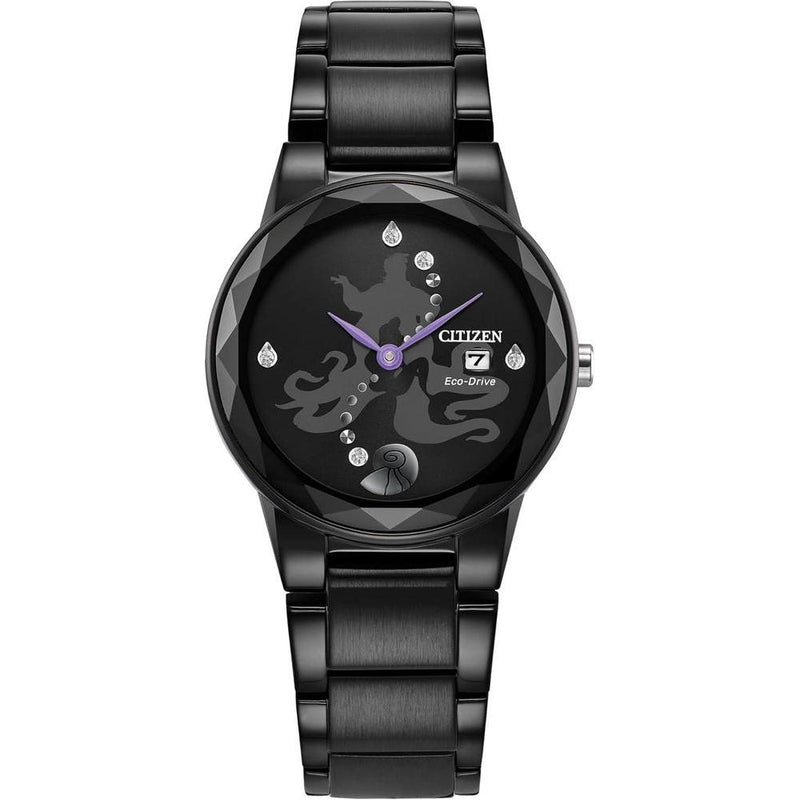 Citizen Eco-Drive Disney Villian Ursula Crystal reloj y pin set de regalo negro iones, esfera negra