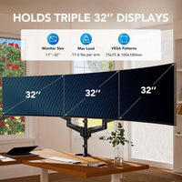 Soporte triple HUANUO para monitores de hasta 32 pulgadas, ajuste en inclinación, giro y diferentes opciones de montaje