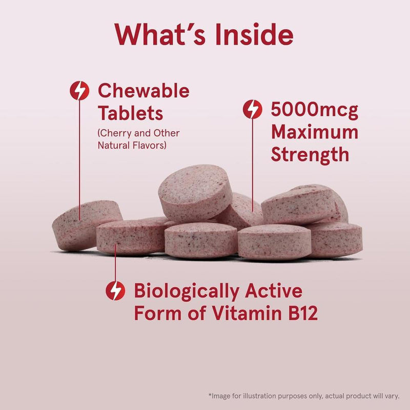 Jarrow Formulas Vitamina B12 Masticable Metilcobalamina 5000 mcg - Sabor Natural a Fruta, Energía y Metabolismo