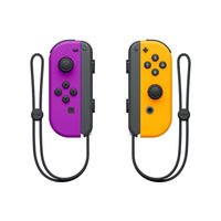 Joy-Con Nintendo Switch colores neón púrpura y naranja, controles inalámbricos con acelerómetro y sensor giroscópico