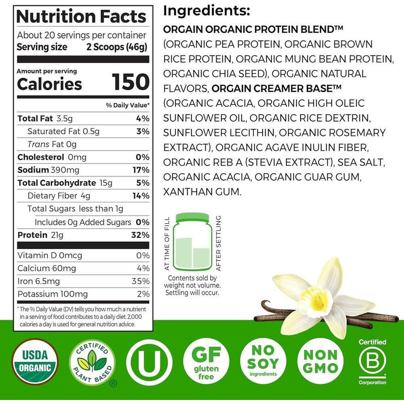Proteína vegetal orgánica vegana orgain, sin lactosa, sin gluten, sin soya, sin OMG, ideal para batidos y mezclas