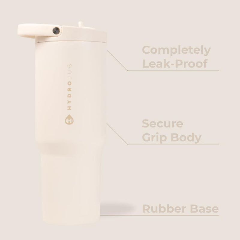 Botella HydroJug de acero inoxidable con popote, aislamiento al vacío, durable y ergonómica. Ideal para el gimnasio y actividades al aire libre