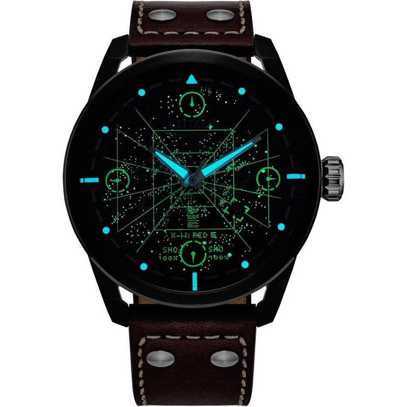 Reloj Citizen Eco-Drive X-Wing y Tie Fighter de acero inoxidable, correa de cuero marrón, modelo AW1738-05W