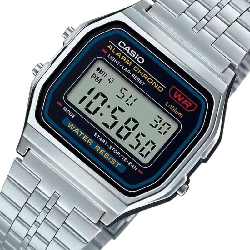 Reloj digital clásico Casio A159W-N1DF con brazalete metálico y cierre plegable, ideal para el uso diario, diseño atemporal