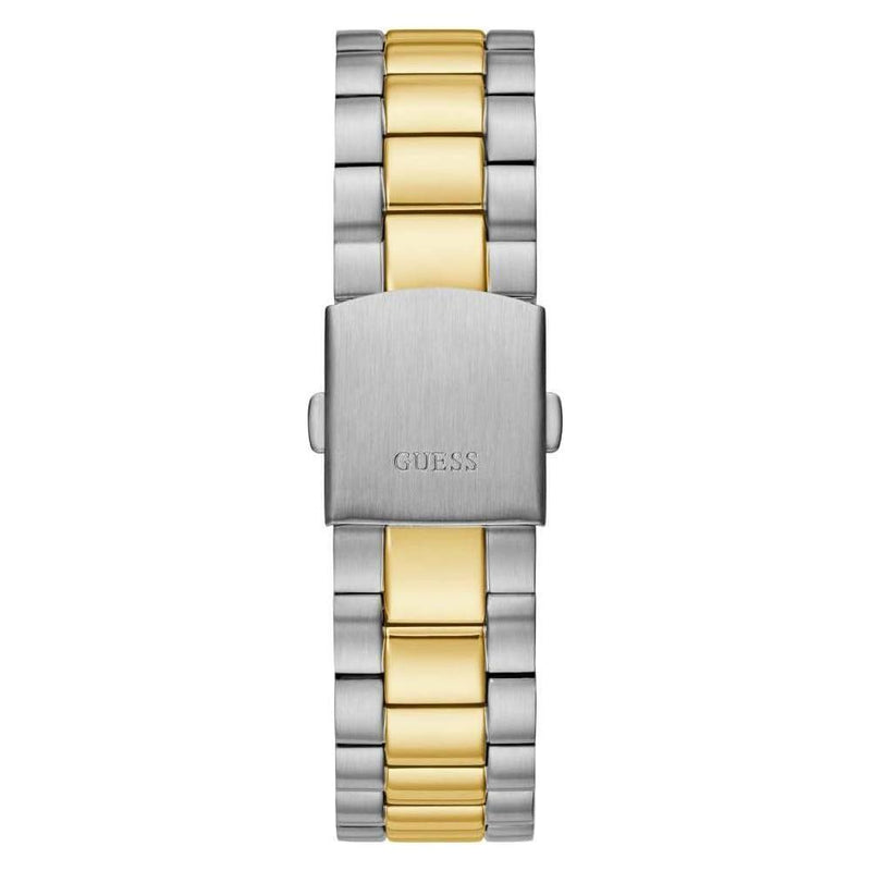 GUESS Reloj para hombre con correa de dos tonos, esfera verde, caja de acero inoxidable, diseño elegante y resistente al agua
