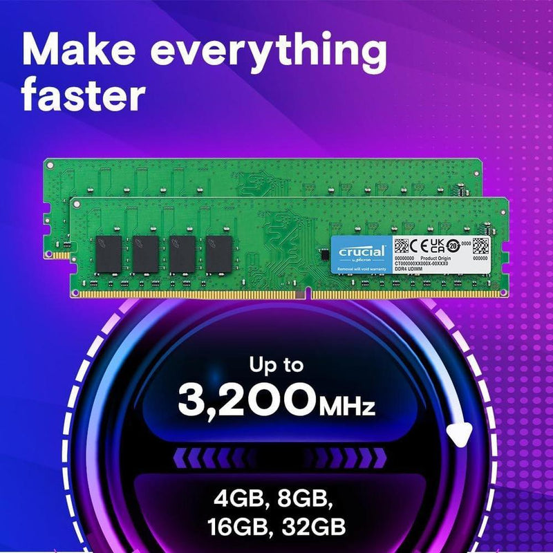 Crucial RAM DDR4 32GB, 3200MHz, UDIMM, compatible con Intel y AMD Ryzen, reduce a 2933/2666MHz