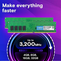 Crucial RAM DDR4 32GB, 3200MHz, UDIMM, compatible con Intel y AMD Ryzen, reduce a 2933/2666MHz
