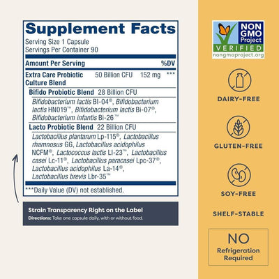 Renew Life Cápsulas Probióticas Digestivas Cuidado Extra 50 Mil Millones CFU, Soporte Salud Inmune, Digestiva y Respiratoria