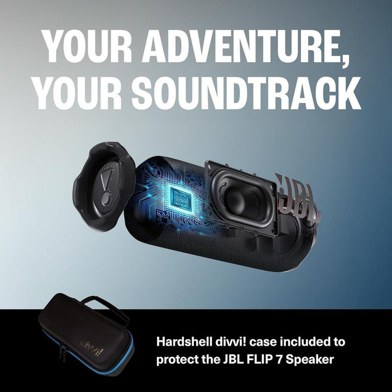 JBL Flip 7 Púrpura con sonido potente a prueba de agua y funda protectora rígida negra para aventuras al aire libre