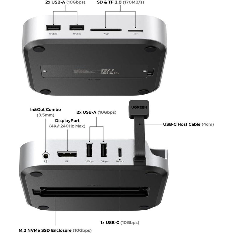 UGREEN Dock con Soporte DP Hub para Mac mini M4/M4 Pro 2024, SSD M.2 NVMe, Conectividad 10G, 4K, USB A/C, SD/TF, Audio