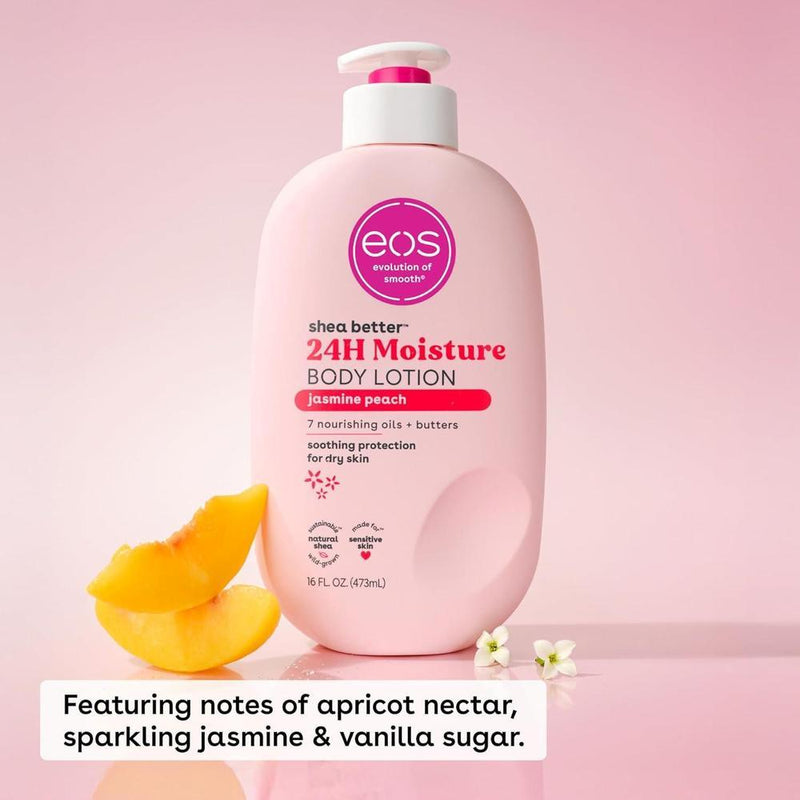 eos Shea Better Loción corporal Jasmine Peach, cuidado de la piel 24 horas, ligera, vegana y con karité natural