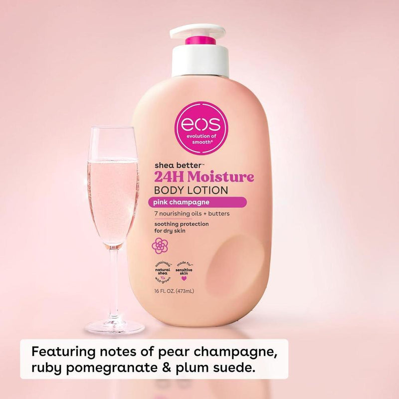 eos Crema Corporal para Cuidado de la Piel con Manteca de Karité Natural, Hidratante 24 Horas, Ligera y Sin Grasa, Sabor Champán Rosado