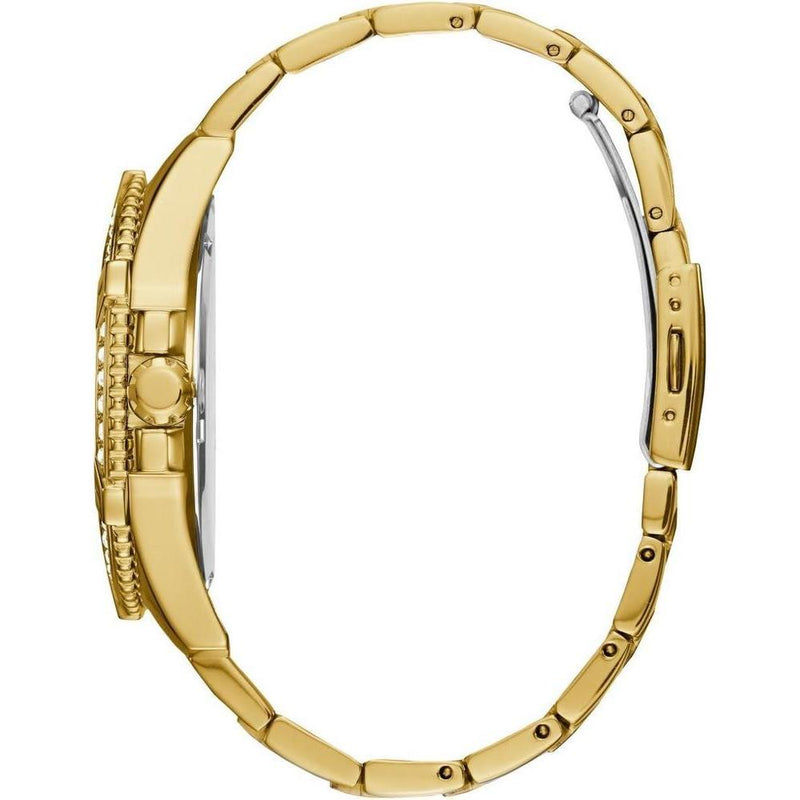 GUESS Reloj de pulsera dorado con adornos de cristal, acero inoxidable resistente, multifuncional, resistente a arañazos
