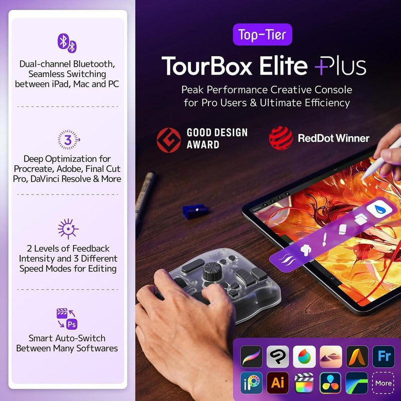 TOUR BOX Elite Plus controlador Bluetooth para dibujo y edición de video con integración para DaVinci Procreate