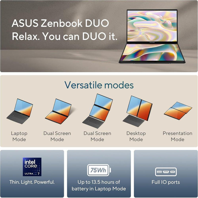 Asus Zenbook Duo Dual Oled Con Pantalla Táctil, Intel Core Ultra 7, 32gb Ram, 1tb Ssd, Windows 11 Home - Gris