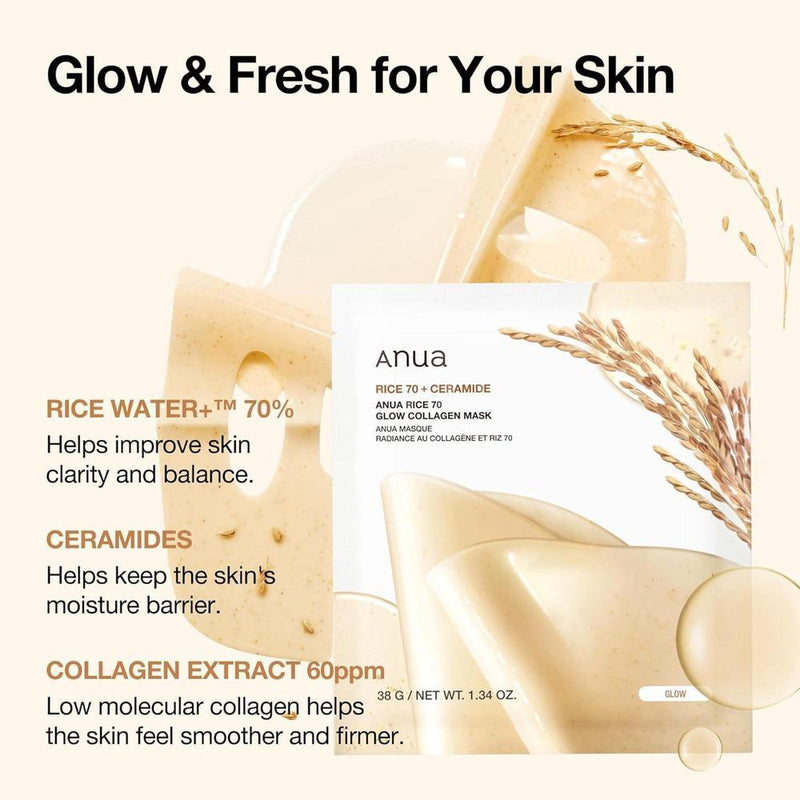 ANUA Rice 70 Máscara de Colágeno Facial Nocturna, Hidratante y Reafirmante para Piel Luminosa