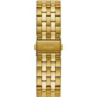 Reloj de pulsera multifunción GUESS para hombre, acero inoxidable dorado con detalles negros, pantalla analógica y calendario
