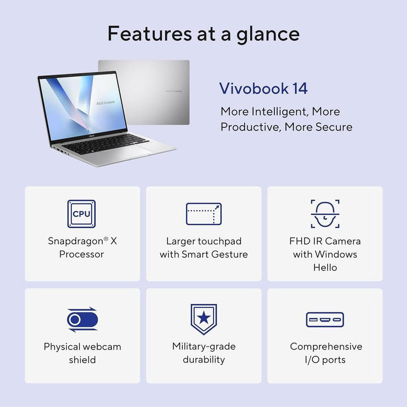 Asus Vivobook 14 Laptop Snapdragon 16GB RAM 512GB SSD Windows 11 Plateado