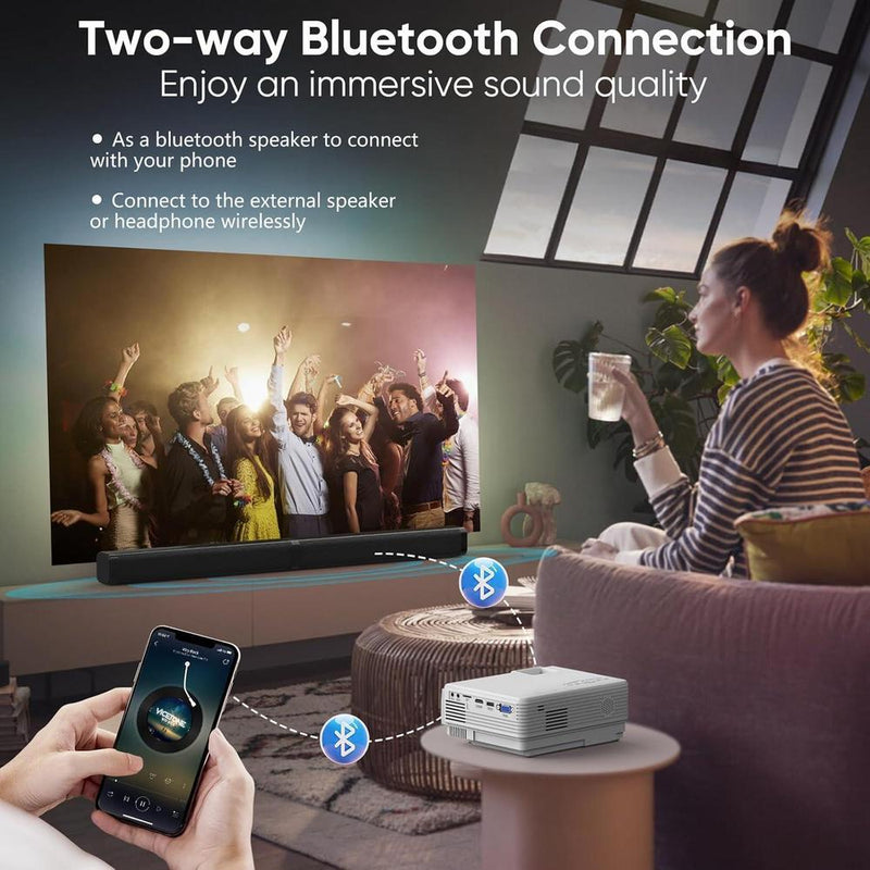 Proyector WiFi y Bluetooth actualizado para exterior, mini proyector de cine en casa compatible con smartphone por WiFi/USB