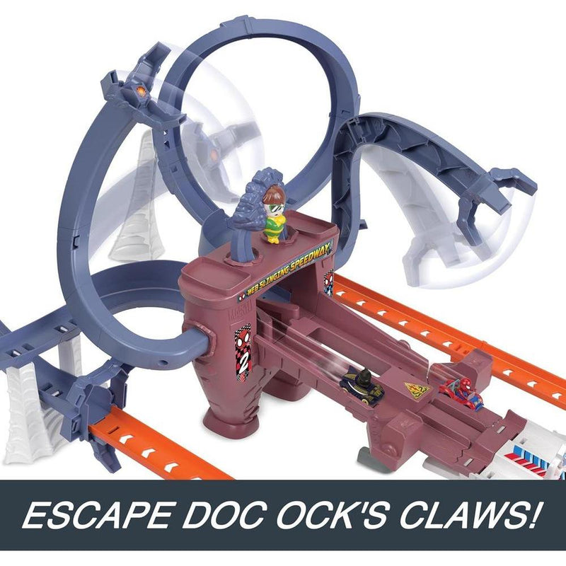 Pista Hot Wheels RacerVerse Spider-Man Web-Slinging Speedway con autos de Spider-Man y Black Panther. Carrera contra Doc Ock