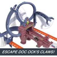 Pista Hot Wheels RacerVerse Spider-Man Web-Slinging Speedway con autos de Spider-Man y Black Panther. Carrera contra Doc Ock