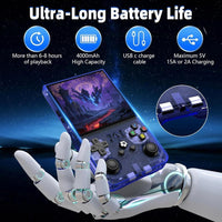 Consola de juegos retro portátil R36MAX con tarjeta de 64GB, sistema Linux y pantalla IPS HD, batería 4000mAh azul