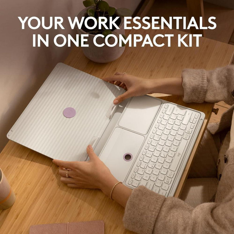 Kit de escritorio Logitech Casa con soporte para laptop, teclado inalámbrico y panel táctil