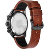 Reloj cronógrafo Citizen Eco-Drive para hombre, acero inoxidable IP negro, correa de cuero marrón, esfera negra