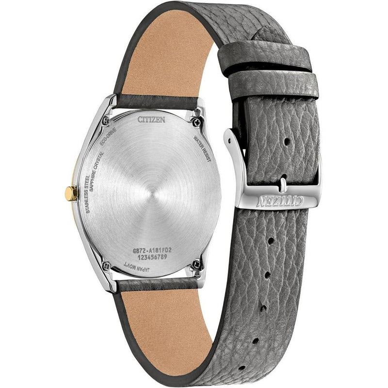 Citizen Reloj unisex Eco-Drive Classic Eco, acero inoxidable de dos tonos, correa de cuero gris, modelo AR3124-07H