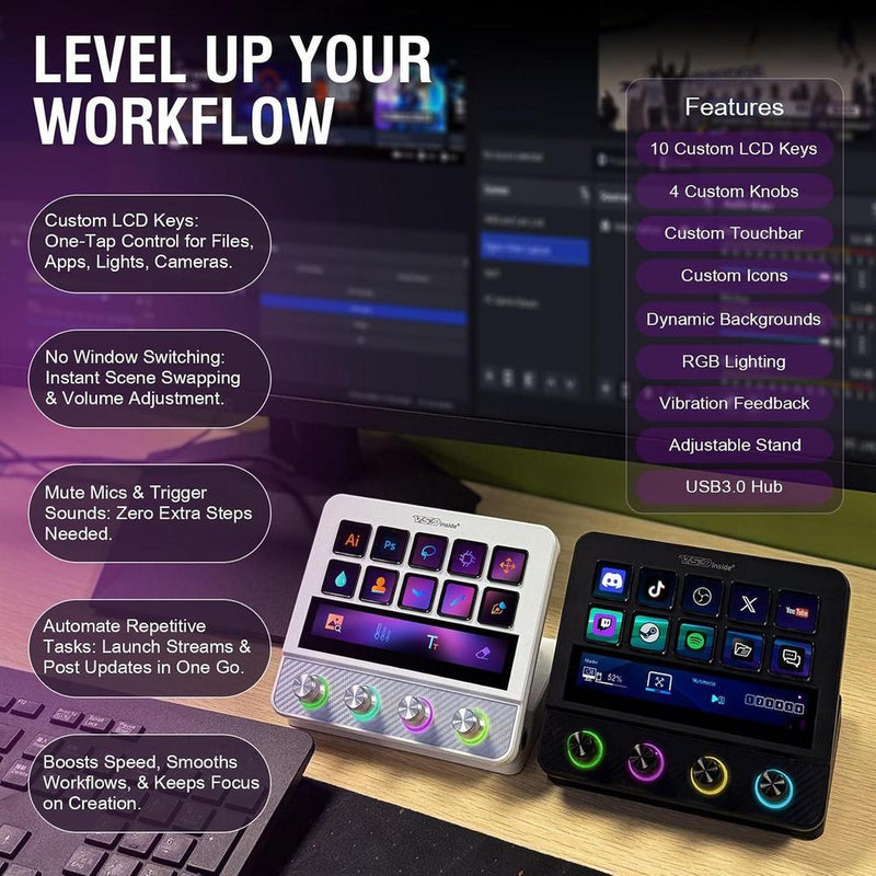 Controlador de streaming VSDINSIDE con teclas programables, macros, efectos sonoros y soporte ergonómico, compatible con Mac y PC