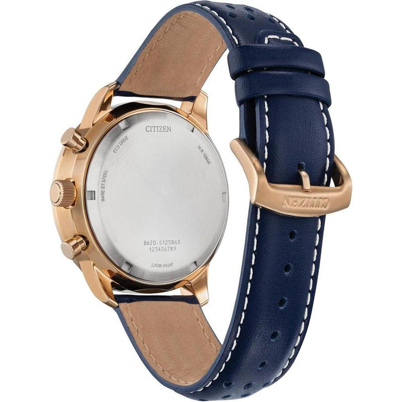 Citizen Eco-Drive Weekender Sport Casual Cronógrafo en acero inoxidable oro rosa, correa de cuero azul, esfera azul