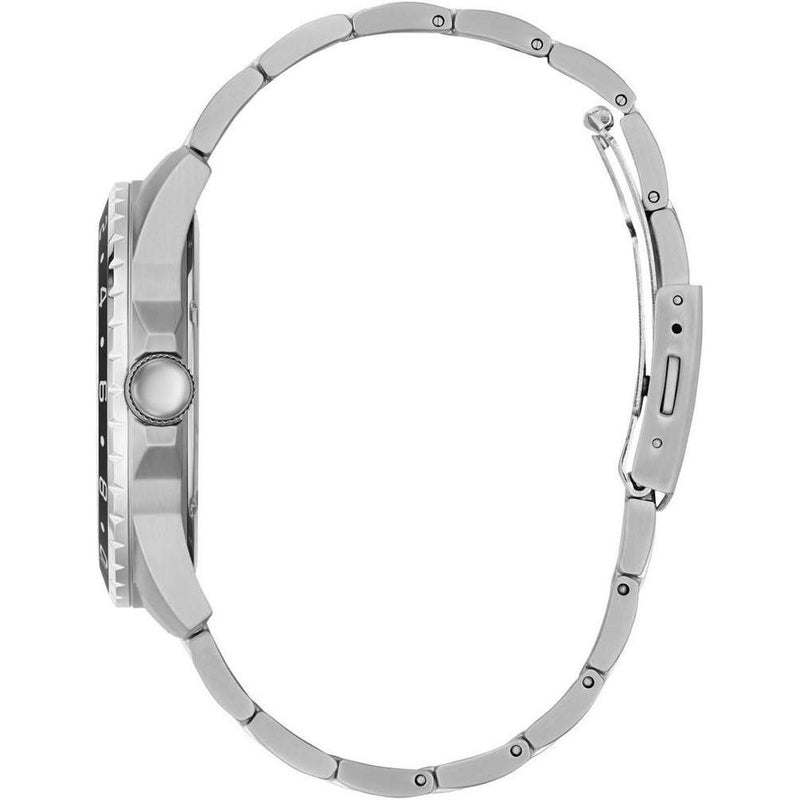 Reloj analógico GUESS para hombre con correa de acero, esfera negra y funciones de cronógrafo internacional