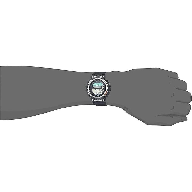 Reloj Casio para pesca con temporizador, luz LED, resistente al agua y datos de luna. Ideal para actividades acuáticas
